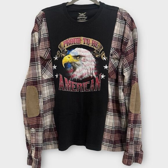 Reworked Upcycled Patriot USA Bald Eagle Grunge Biker Plaid Long Sleeved Shirt - Picture 2 of 9